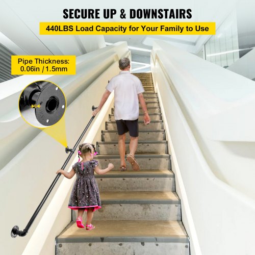 Pipe Stair Handrail 9FT Staircase Handrail 440LBS Load Capacity Carbon