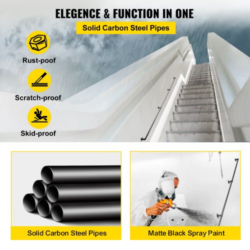 Pipe Stair Handrail 9FT Staircase Handrail 440LBS Load Capacity Carbon