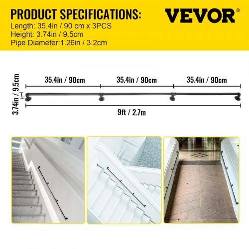 Pipe Stair Handrail 9FT Staircase Handrail 440LBS Load Capacity Carbon