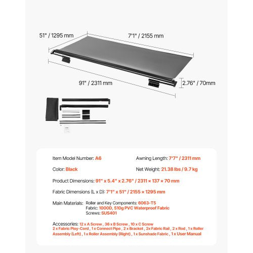 Camper Awning Fabric Replacement 1 to 7 Weatherproof Durable Slide