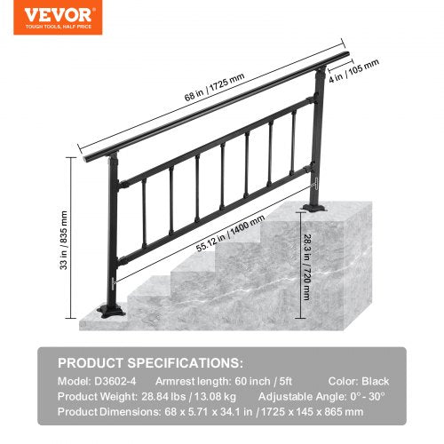 Outdoor Stair Railing Fits for 15 Steps Transitional Wrought Iron