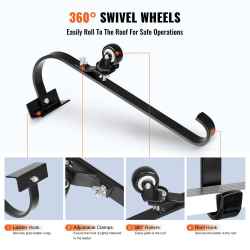 Ladder Roof Hook Stabilizer 2 Pack with Fixed Wheel Swivel Bar Steel – 9 INCH