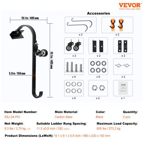 Ladder Roof Hook Stabilizer 2 Pack with Fixed Wheel Swivel Bar Steel – 9 INCH