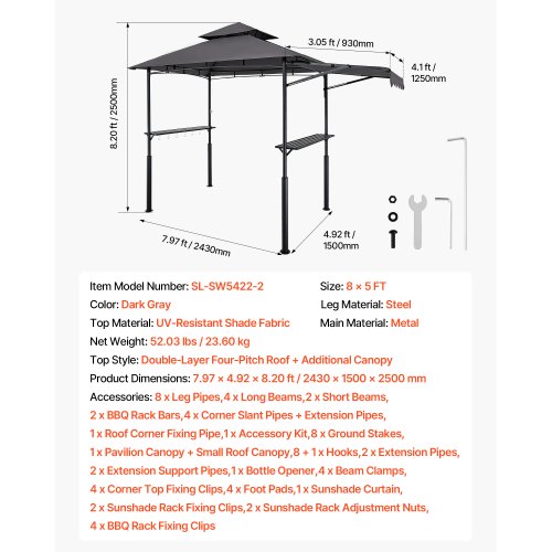 Grill Gazebo 8 x 5 ft DoubleTiered Top Reinforced BBQ Gazebo with Extra