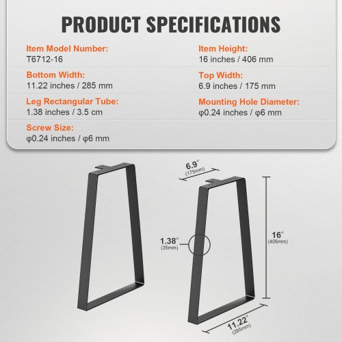 16 inch Trapezoid Steel Table Legs Replacement Furniture Legs Set of 2 for DIY
