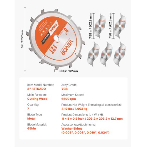 Dado Blade Set 8 inch Diameter 12 Sharp Alloy Teeth 58 inch Arbor Fine