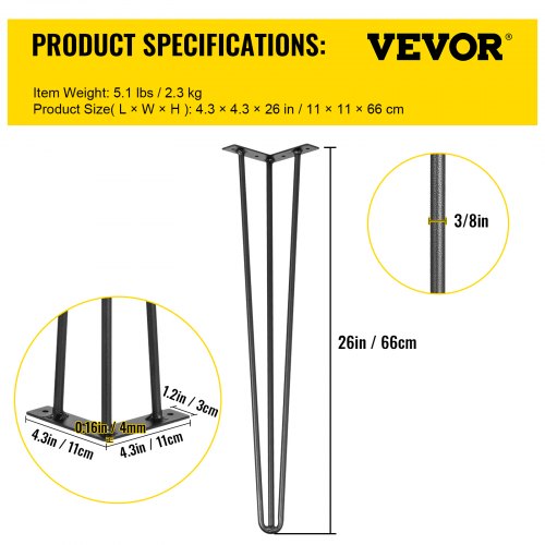 Hairpin Table Legs 26 Black Set of 4 Desk Legs 880lbs Load Capacity Each
