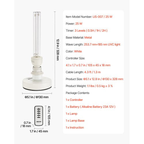 UV Light 25W Ultraviolet Lamp with Ozone Purifier Portable UVC Lamp with Ozone