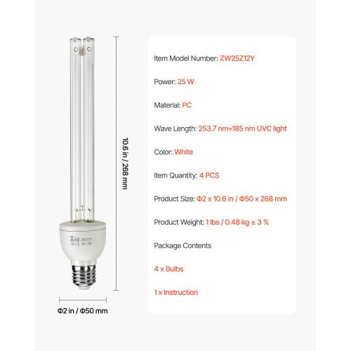 UV Light Bulb 4 Pack 25W Replacement Ultraviolet UVC Lamp with Ozone