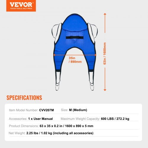 Patient Lift Sling with Head Support MediumSize U Shape Divided Leg Sling 