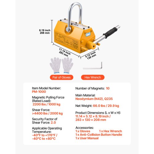Permanent Magnetic Lifter 2200 lbs Pulling Capacity Heavy Duty N42