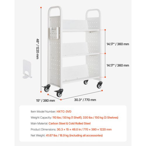 Rolling Library Book Cart 330 lbs Capacity 303 x 15 x 480Inch Library