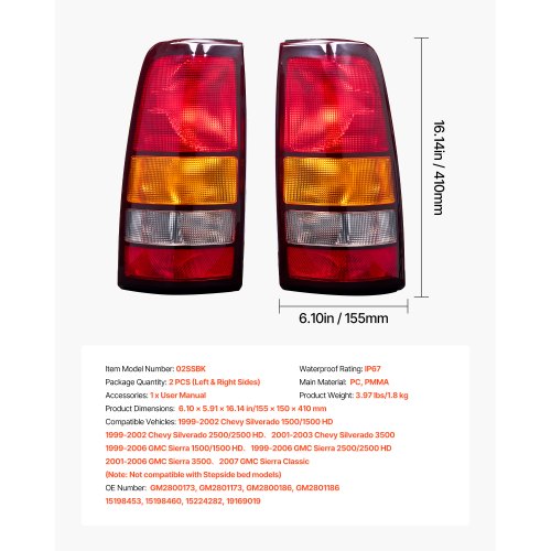 Tail Light Assembly Compatible with 19992003 Chevy Silverado 19992006 GMC