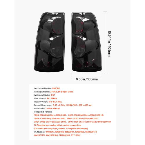 Tail Light Assembly Compatible with 19992006 Chevy Silverado 1500 2500