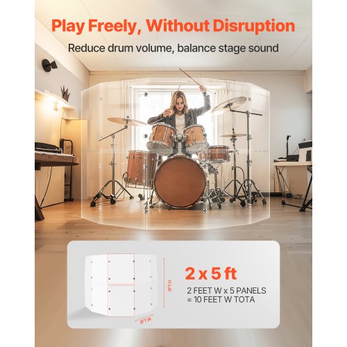 Drum Shield 5 Panels 2 ft x 5 ft Portable Acrylic Drum Cage with Zinc Alloy