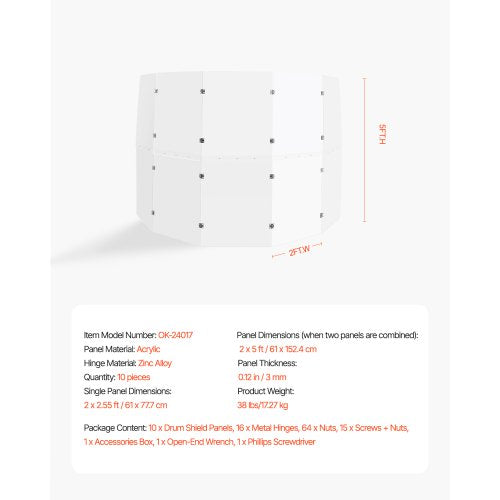 Drum Shield 5 Panels 2 ft x 5 ft Portable Acrylic Drum Cage with Zinc Alloy
