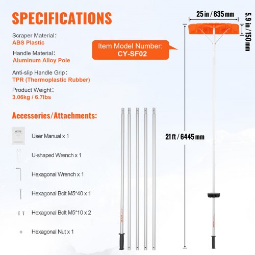 Snow Roof Rake 25 Plastic Blade Snow Removal Tool 21ft Reach Aluminium