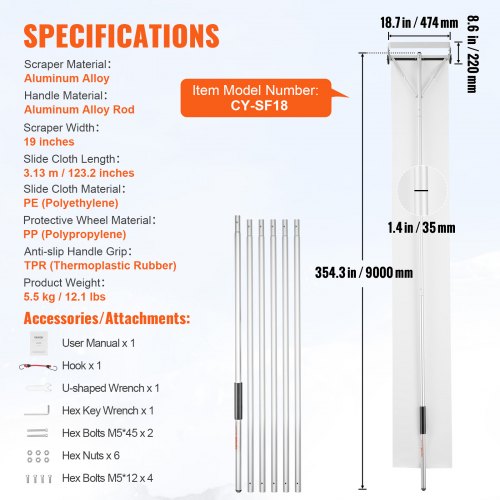 Snow Roof Rake 30ft Reach Aluminium Roof Shovel with Slide Cloth Premium
