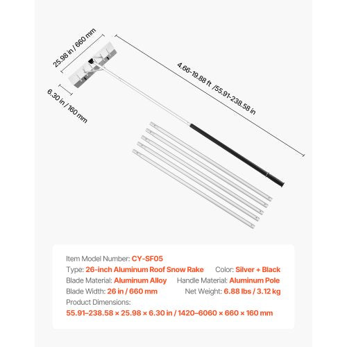 Snow Roof Rake 26 in Aluminum Blade 7520 ft Adjustable Roof Snow Scraper
