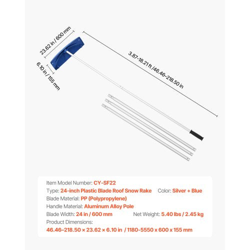 Snow Roof Rake 24 in PP Plastic Blade 38182 ft Adjustable Roof Snow