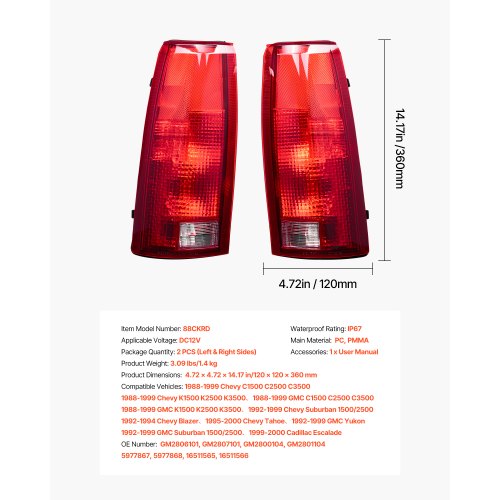Tail Light Assembly Compatible with 19881999 ChevyGMC CK 1500 2500 3500