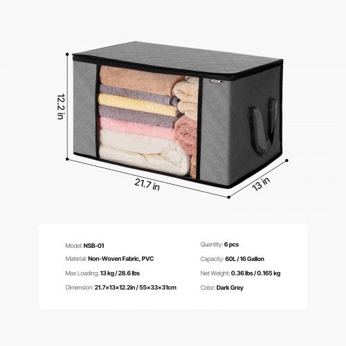 60L Large Storage Bags 6 Pack Clothes Storage Bin Foldable Closet