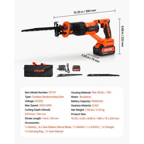 Cordless Reciprocating Saw 20 V 3000 SPM Variable Speed 1 inch Stroke