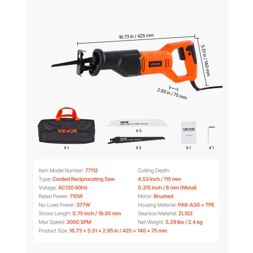 Corded Reciprocating Saw 120 Volt 6 Amp 3000 SPM Variable Speed 34 inch