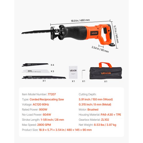 Corded Reciprocating Saw 120 Volt 7.5 Amp 2800 SPM Variable Speed 118