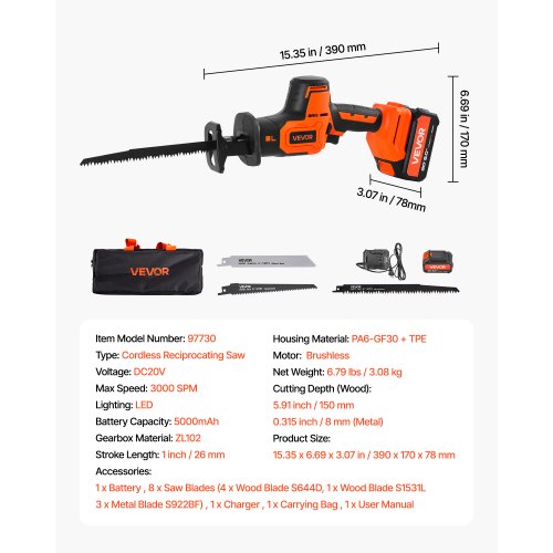 Cordless Reciprocating Saw 20 V 3000 SPM Variable Speed 1 inch Stroke 1