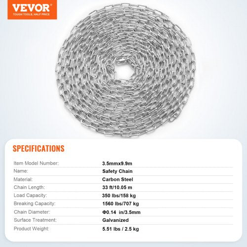 Proof Coil Chain 18 x 33 350 lbs Safe Working Load Zinc Plated Proof