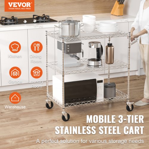 Kitchen Utility Cart 3 Tiers Wire Rolling Cart with 661LBS Capacity Steel