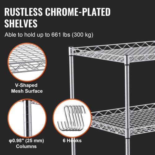 Kitchen Utility Cart 3 Tiers Wire Rolling Cart with 661LBS Capacity Steel