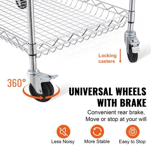 Kitchen Utility Cart 3 Tiers Wire Rolling Cart with 661LBS Capacity Steel