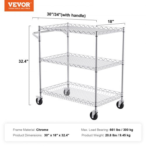 Kitchen Utility Cart 3 Tiers Wire Rolling Cart with 661LBS Capacity Steel