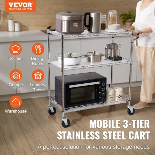 Kitchen Utility Cart 3 Tiers Wire Rolling Cart with 661LBS Capacity Steel