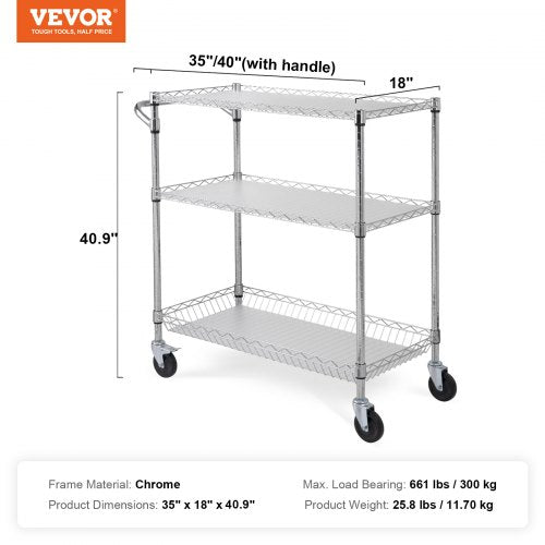 Kitchen Utility Cart 3 Tiers Wire Rolling Cart with 661LBS Capacity Steel
