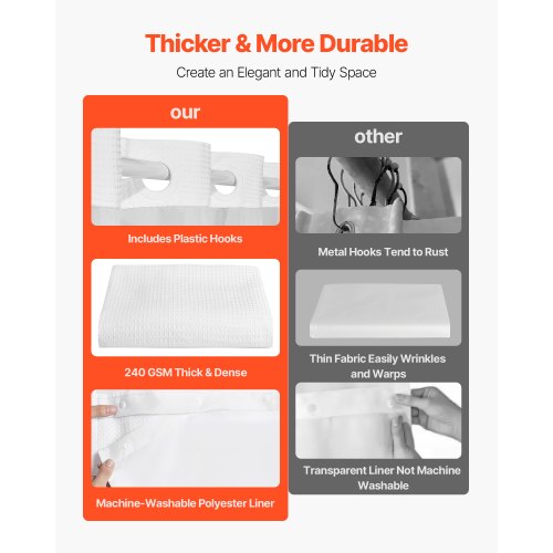 No Hook Shower Curtain 2in1 Waterproof Waffle Weave Shower Curtains 240