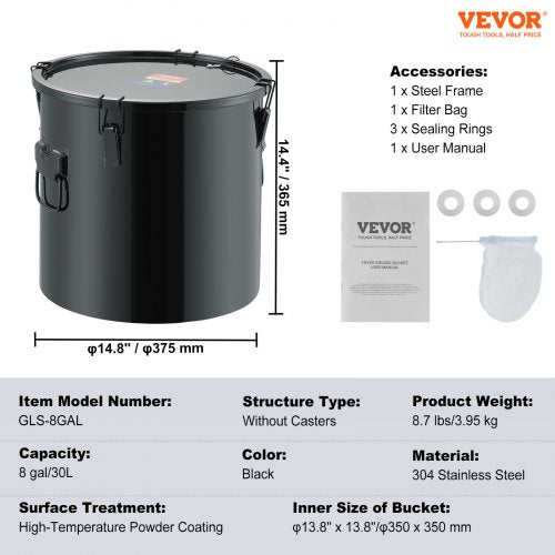 Fryer Grease Bucket 8 Gal Oil Disposal Caddy Stainless Steel Fryer Oil