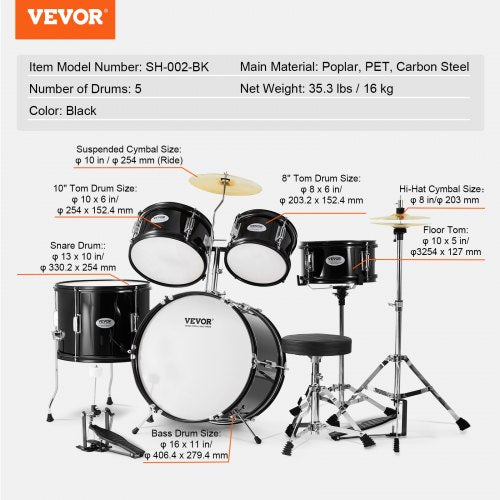 Kids Drum Set 5Piece 16 in Beginner Full Drum Set with Bass Toms Snare