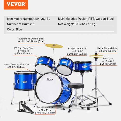 Kids Drum Set 5Piece 16 in Beginner Full Drum Set with Bass Toms Snare 1