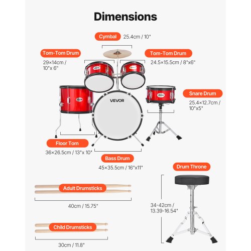 Kids Drum Set 5Piece 16 in Junior Drum Sets Beginner Drums Set with Adjustable
