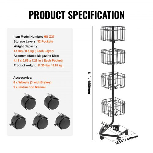 Brochure Display Rack 4Tier 32 Pockets Rotating Magazine Literature