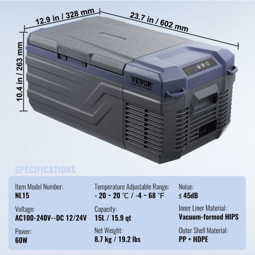 Portable Car Refrigerator Freezer Compressor 15 L Single Zone for Car Home