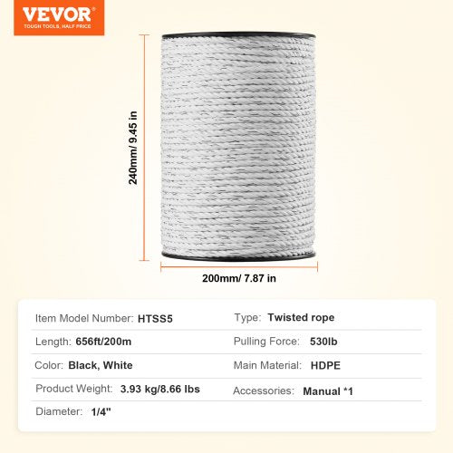 Electric Fence Wire 656Ft 200M Portable Polywire 14 Diameter 6 Stainless