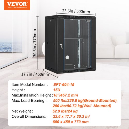 15U Wall Mount Network Cabinet 500 lbs Max Ground Load Capacity Server