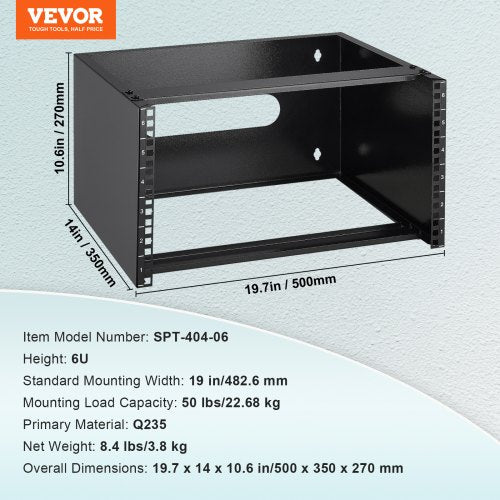 6U Wall Mount Network Rack 14 in355.6 mm Depth 50 lbs2268 kg Max Weight