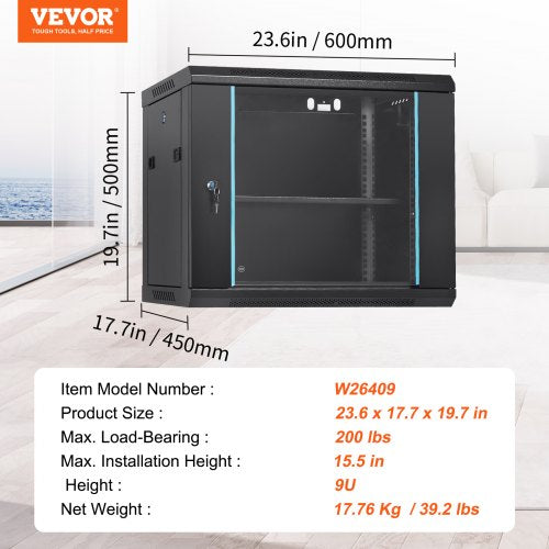 9U WallMounted Server Network Cabinet 155 Depth Secure Rack Enclosure