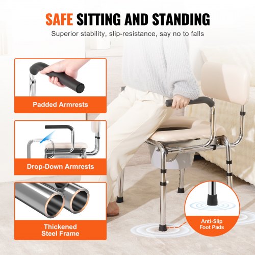 Commode Chair Bedside Commode with Padded Seat DropDown Arms 7Level