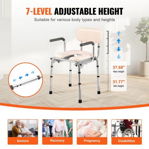 Commode Chair Bedside Commode with Padded Seat DropDown Arms 7Level